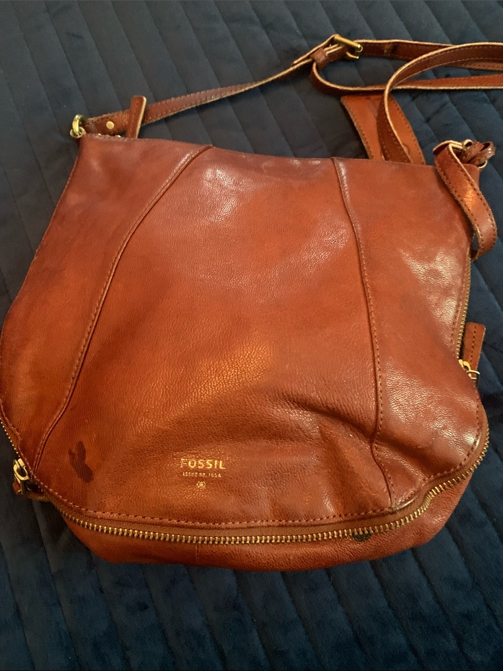 Fossil Cognac Brown Leather Crossbody Bag with Gold Hardware